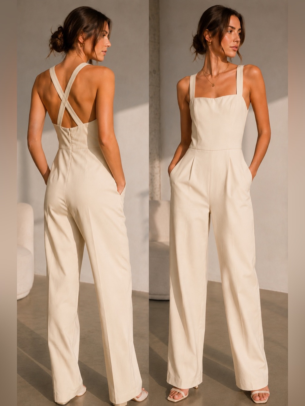 Black Halo Bene Wide Leg Jumpsuit Beige Cream Size 2